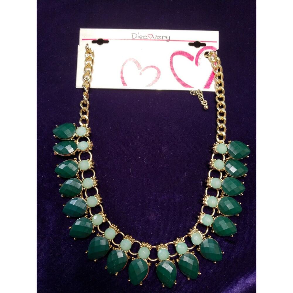 Discovery Statement Necklace in Gold Tone, Dark and Light Green Faceted Beads